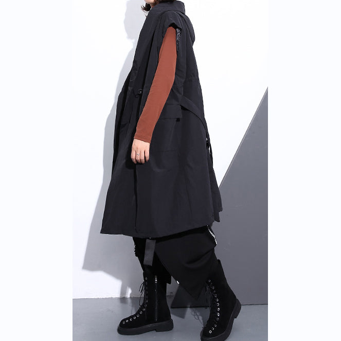 WW | Black Cotton Blend Plus Size Hooded Tie Waist Tops Elegant Sleeveless Coats