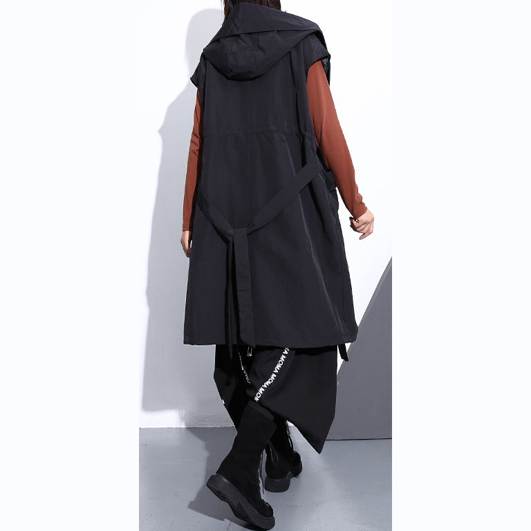 WW | Black Cotton Blend Plus Size Hooded Tie Waist Tops Elegant Sleeveless Coats