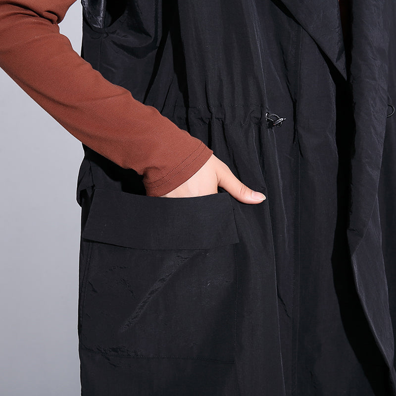 WW | Black Cotton Blend Plus Size Hooded Tie Waist Tops Elegant Sleeveless Coats