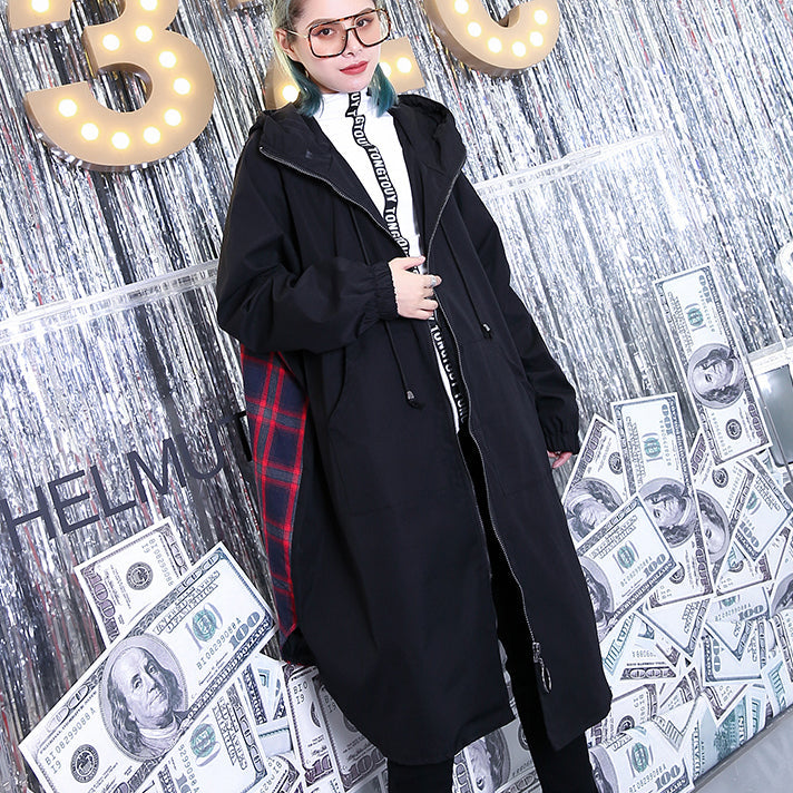 WW | Black Patchwork Maxi Coat Trendy Plus-Size Hooded Winter