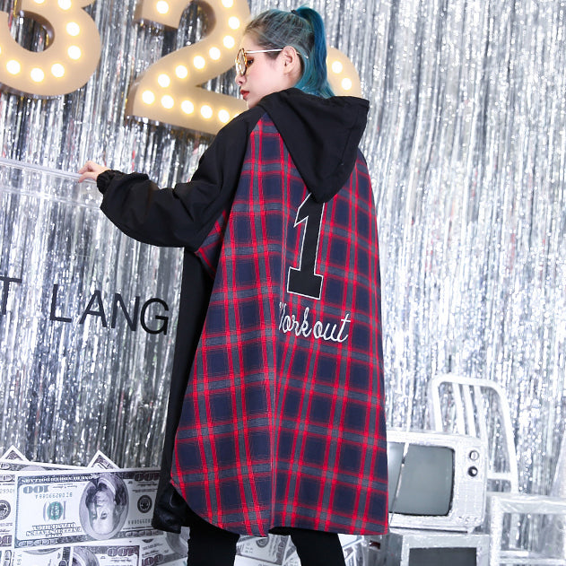 WW | Black Patchwork Maxi Coat Trendy Plus-Size Hooded Winter
