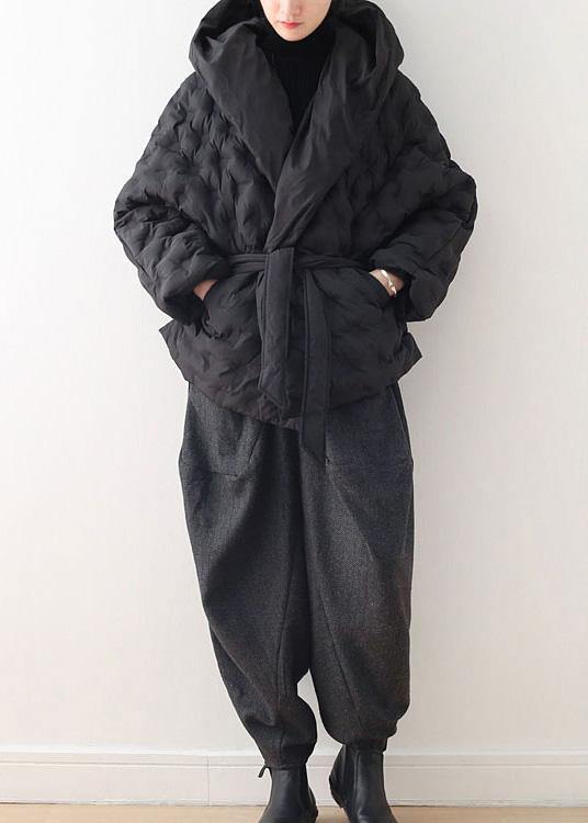 WW | schwarzer Kurz-Gänsedaunenmantel oversize mit Kapuze Damenparka mit Kordelzug warme Jacken