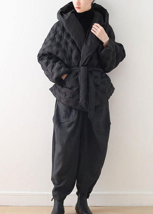 WW | schwarzer Kurz-Gänsedaunenmantel oversize mit Kapuze Damenparka mit Kordelzug warme Jacken