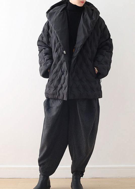 WW | schwarzer Kurz-Gänsedaunenmantel oversize mit Kapuze Damenparka mit Kordelzug warme Jacken