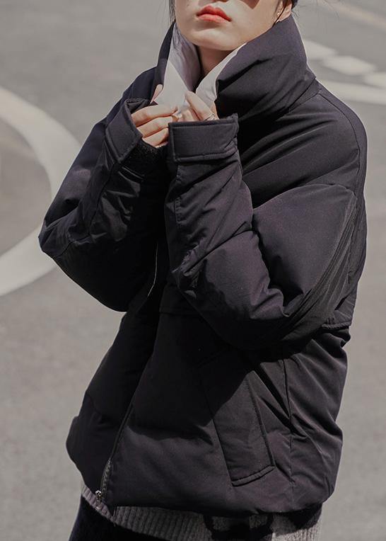 WW | Black Winter Outerwear Loose Jackets Stand-up Collar Patchwork Outerwear
