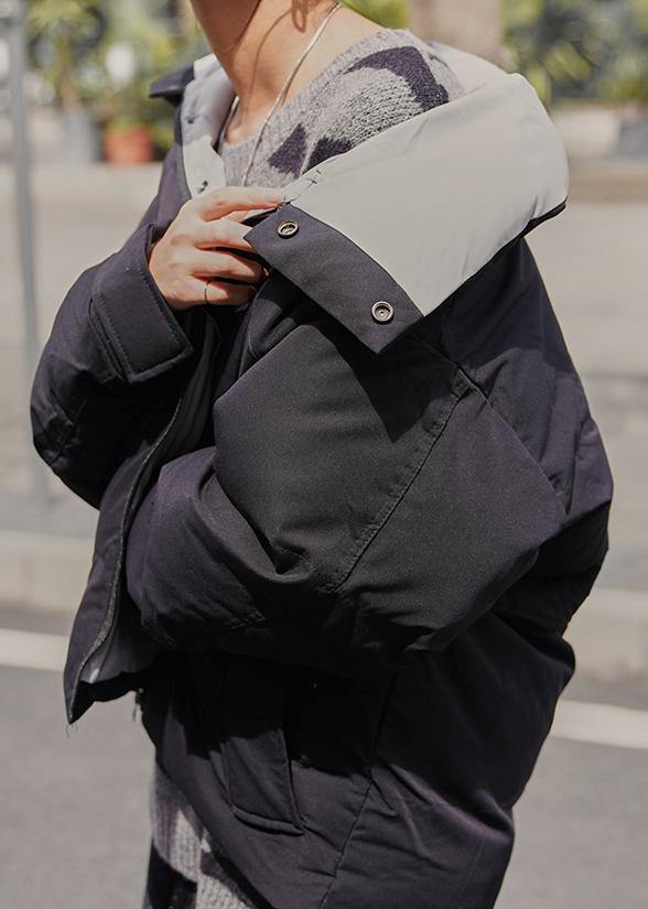 WW | Black Winter Outerwear Loose Jackets Stand-up Collar Patchwork Outerwear