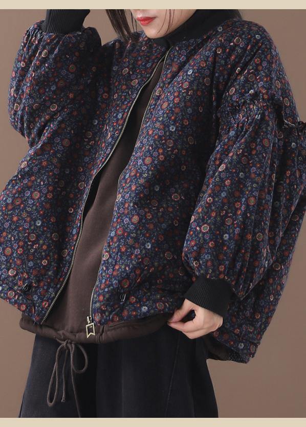 WW | Blue Floral Coats for Women Loose Fit Winter Jacket with Zipper Patchwork Round Neck