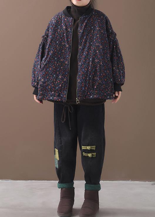 WW | Blue Floral Coats for Women Loose Fit Winter Jacket with Zipper Patchwork Round Neck
