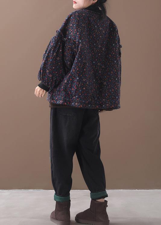 WW | Blue Floral Coats for Women Loose Fit Winter Jacket with Zipper Patchwork Round Neck