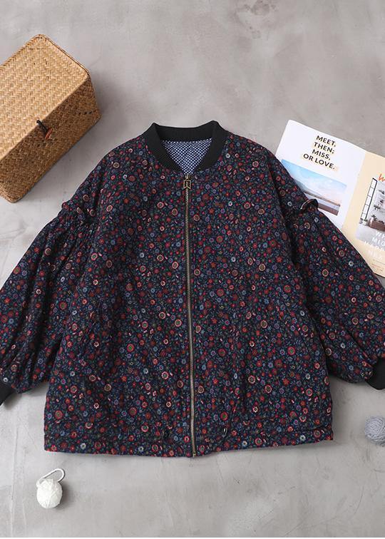 WW | Blue Floral Coats for Women Loose Fit Winter Jacket with Zipper Patchwork Round Neck