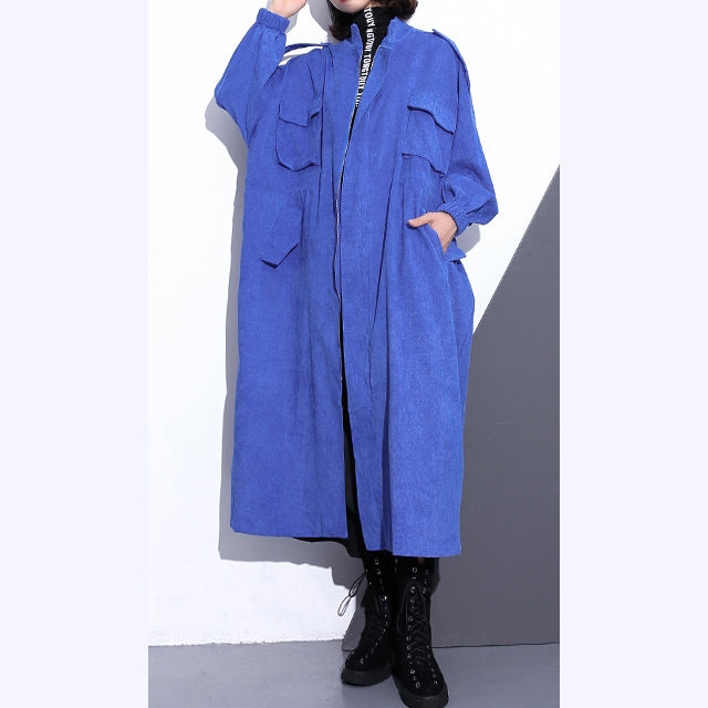 WW | blue long oversized stand-up collar zip trench coat boutique long sleeves pockets wide long coats