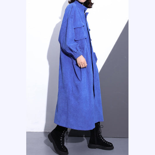 WW | blauer langer Mantel Übergröße Stehkragen Reißverschluss Trenchcoat Boutique lange Ärmel Taschen weite lange Mäntel