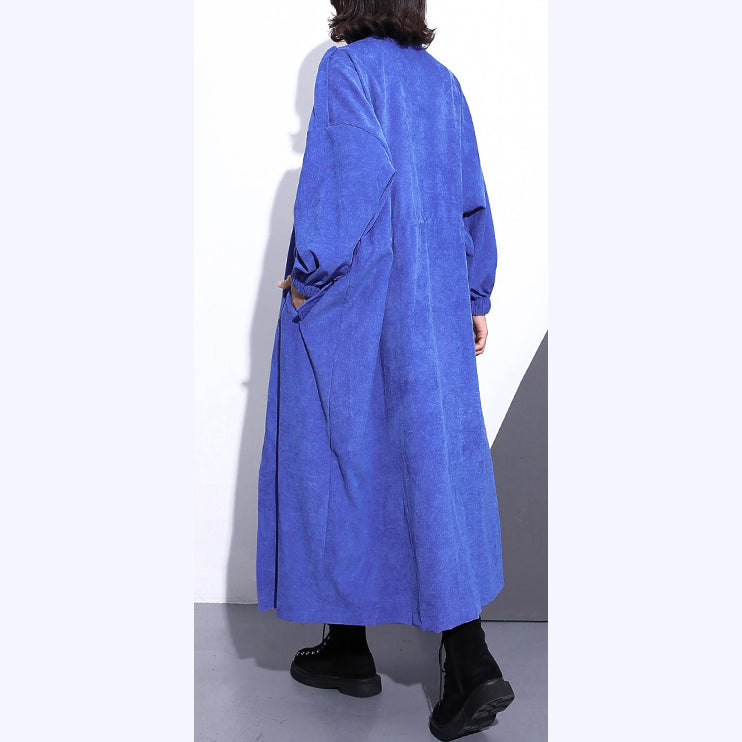 WW | blauer langer Mantel Übergröße Stehkragen Reißverschluss Trenchcoat Boutique lange Ärmel Taschen weite lange Mäntel
