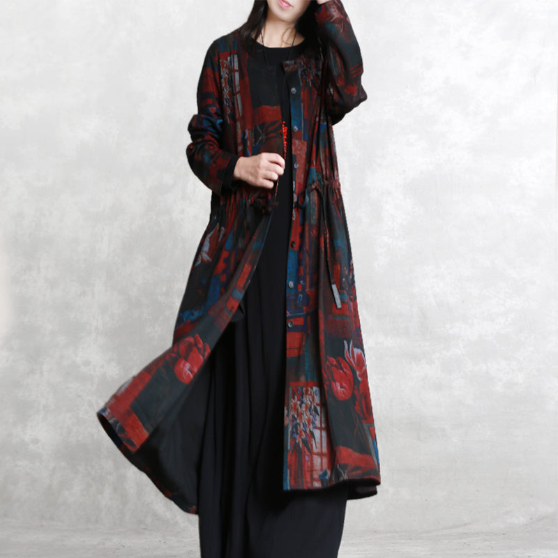 WW | Bordeaux Printed Oversized Round Neck Belted Outerwear Elegant Long Sleeve Pockets Coats Dresses