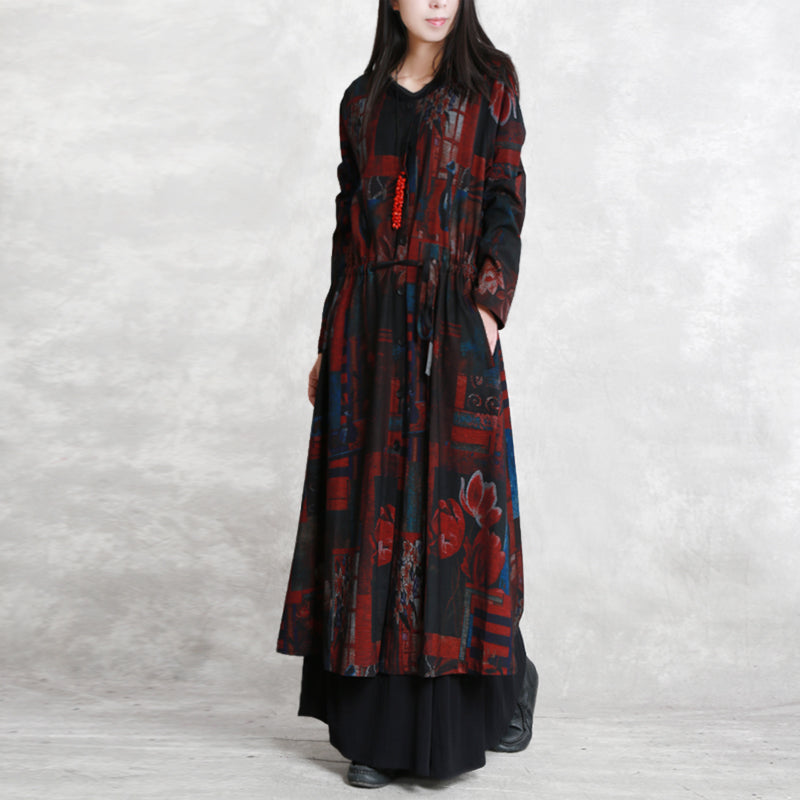 WW | Bordeaux Printed Oversized Round Neck Belted Outerwear Elegant Long Sleeve Pockets Coats Dresses