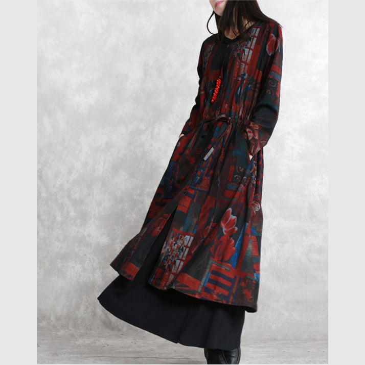 WW | Bordeaux Printed Oversized Round Neck Belted Outerwear Elegant Long Sleeve Pockets Coats Dresses