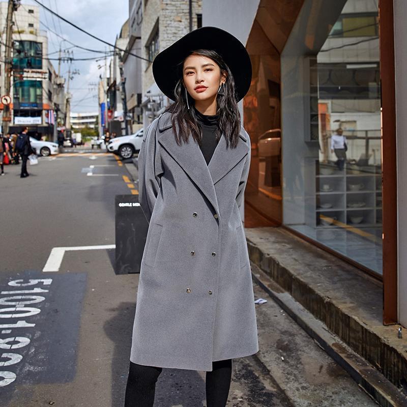 WW | Gray Wool Overcoat Plus Size Notched Outwear Boutique Double-Breasted Pockets Long Coats