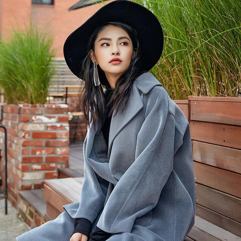 WW | Gray Wool Overcoat Plus Size Notched Outwear Boutique Double-Breasted Pockets Long Coats