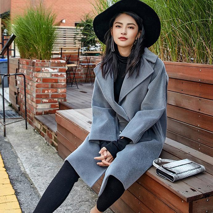 WW | Gray Wool Overcoat Plus Size Notched Outwear Boutique Double-Breasted Pockets Long Coats
