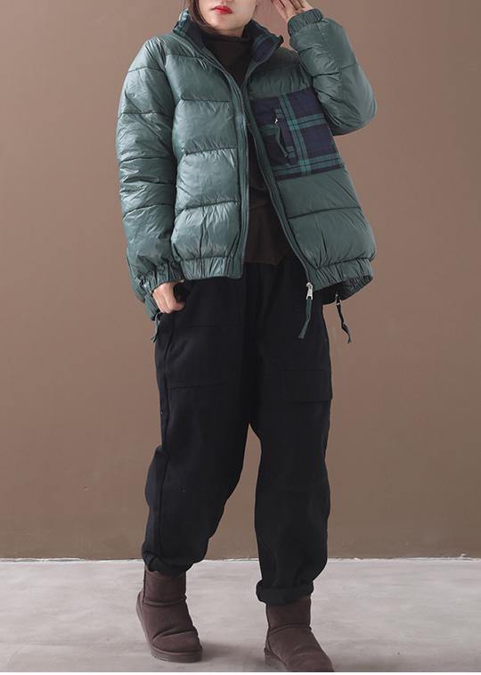 WW | Green Goose Down Coat Loose Fit Winter Jacket Patchwork Plaid Side Zip Jackets
