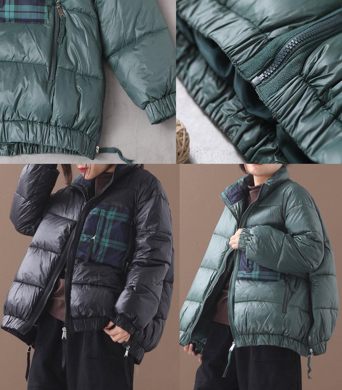 WW | grüne Gans Daunenmantel Locker sitzende Winterjacke Patchwork Karo Seitenreißverschlussjacken