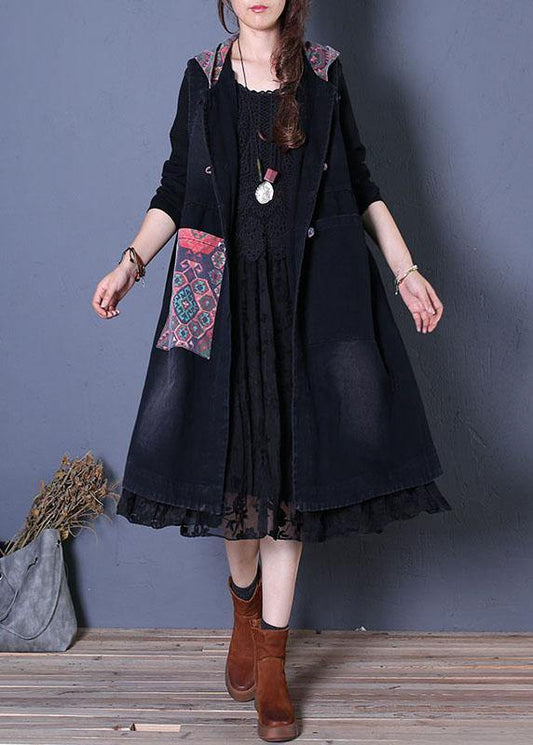 WW | oversized Maxi-Mantel schwarzer Patchwork Kapuzenmäntel