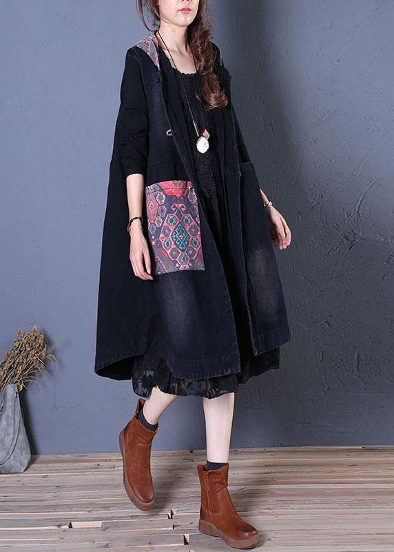 WW | oversized Maxi-Mantel schwarzer Patchwork Kapuzenmäntel
