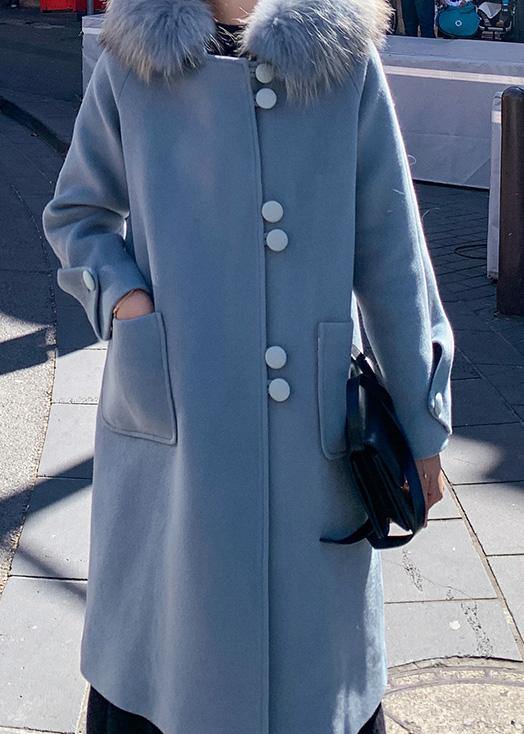 WW | oversized mittellange Jacken mit Kunstfellkragen wollene Oberbekleidung blaue Kapuzenwolljacke
