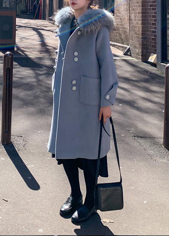 WW | oversized mid-length jackets with faux fur collars wool outerwear blue hooded wool jacket