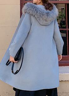 WW | oversized mittellange Jacken mit Kunstfellkragen wollene Oberbekleidung blaue Kapuzenwolljacke