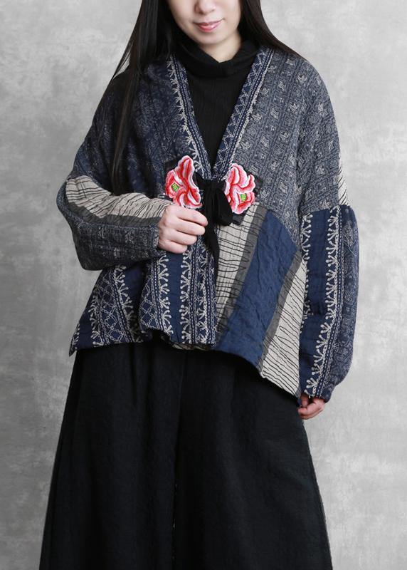 WW | Übergroße Wintermäntel blau Druck V-Ausschnitt Patchwork Damenmäntel