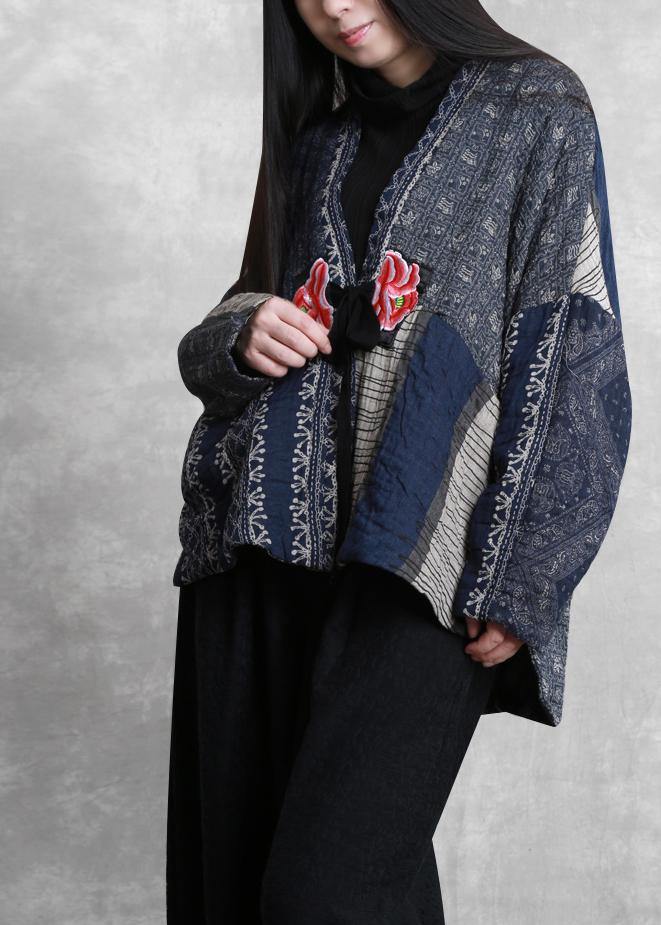 WW | Übergroße Wintermäntel blau Druck V-Ausschnitt Patchwork Damenmäntel