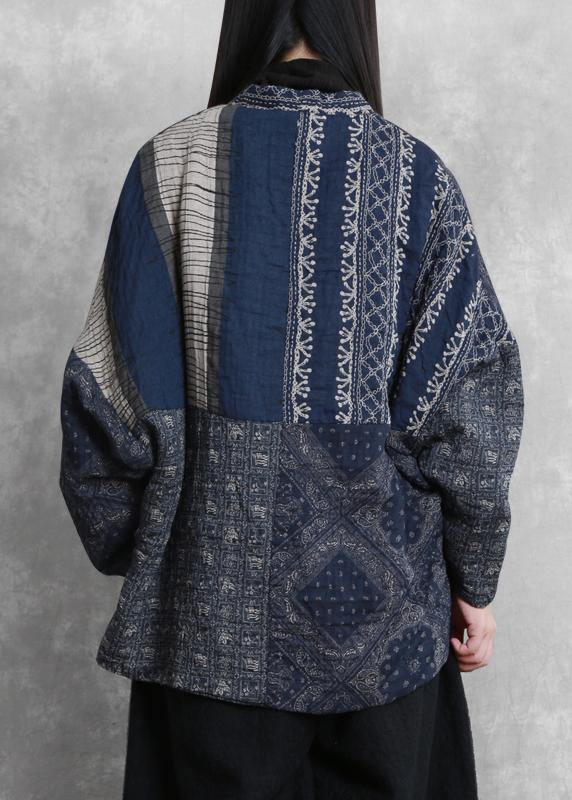 WW | Oversized Winter Coats Blue Print V-Neck Patchwork Women's Coats