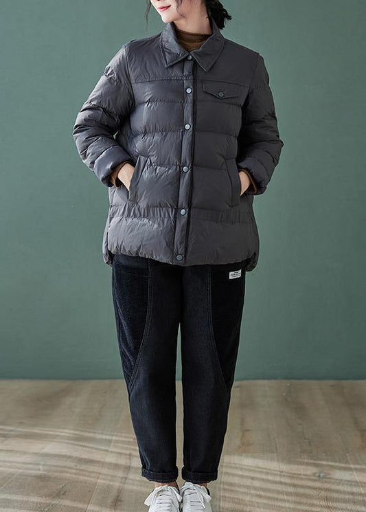 WW | Plus Size Daunenjackenmäntel Schwarz Revers Taschen Lässiges Outfit