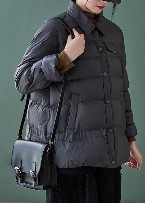 WW | Plus Size Daunenjackenmäntel Schwarz Revers Taschen Lässiges Outfit
