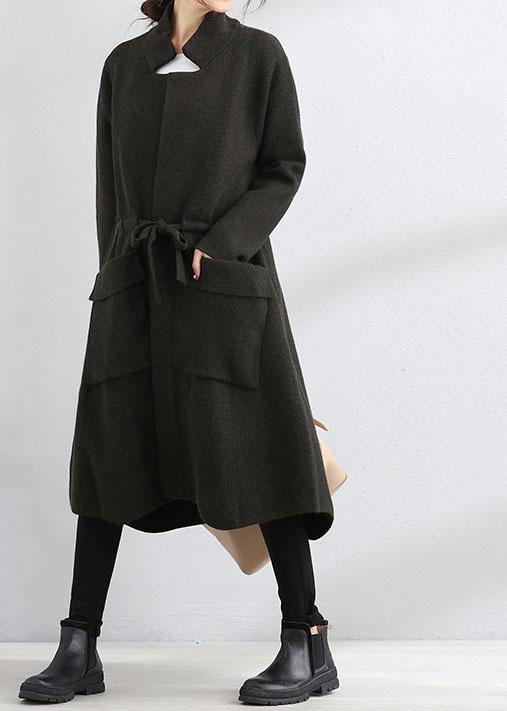 WW | Plus-Size Coat army green Square collar Tie-belt Wool coats