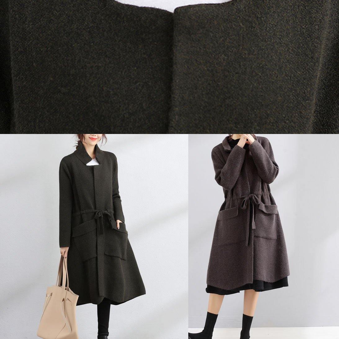 WW | Plus-Size Coat army green Square collar Tie-belt Wool coats