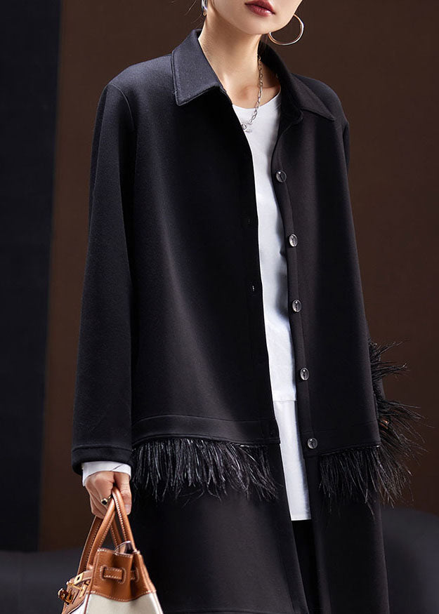WW | Black Peter Pan Collar Tassel Patchwork Coats Long Sleeves
