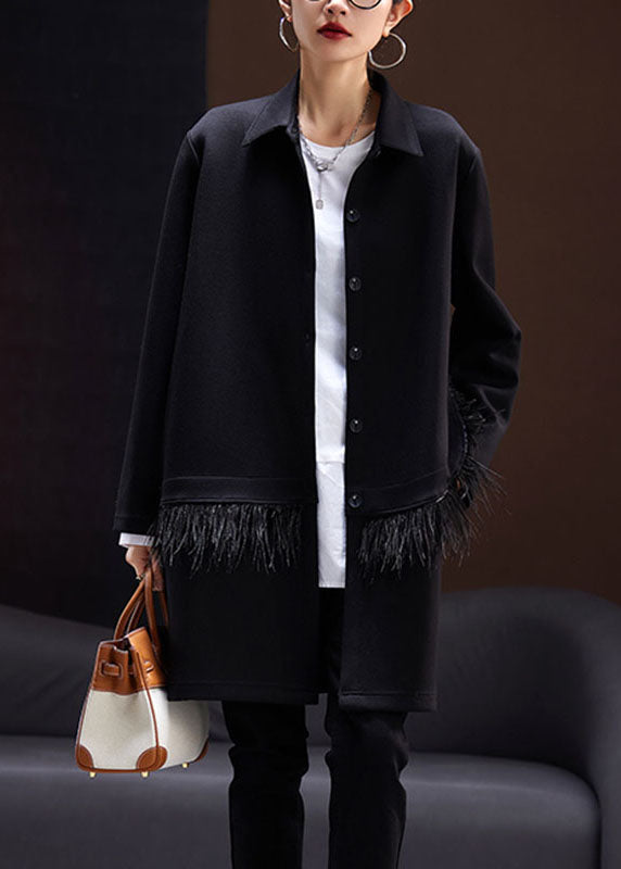 WW | Black Peter Pan Collar Tassel Patchwork Coats Long Sleeves