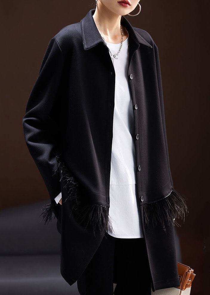 WW | Black Peter Pan Collar Tassel Patchwork Coats Long Sleeves