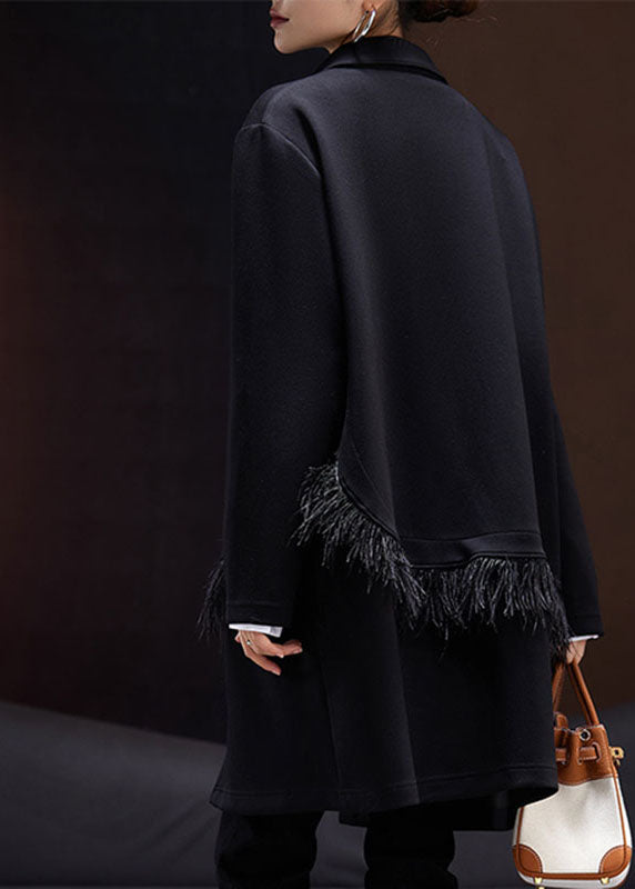 WW | Black Peter Pan Collar Tassel Patchwork Coats Long Sleeves