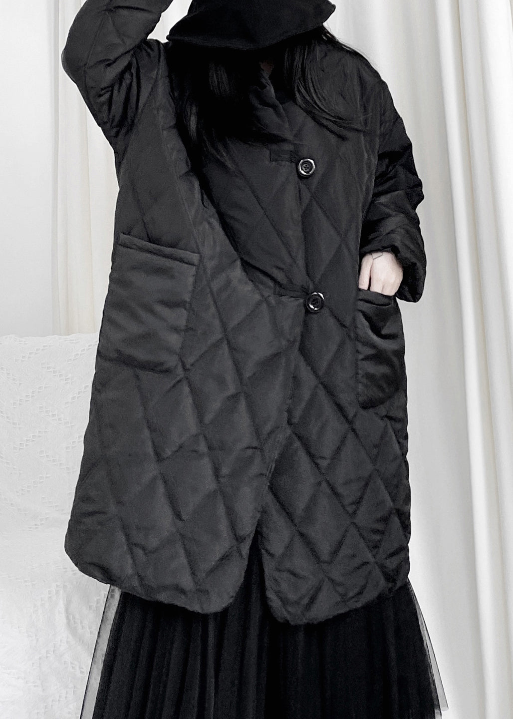WW | Black Plaid Patchwork Pocket Long Down Jackets