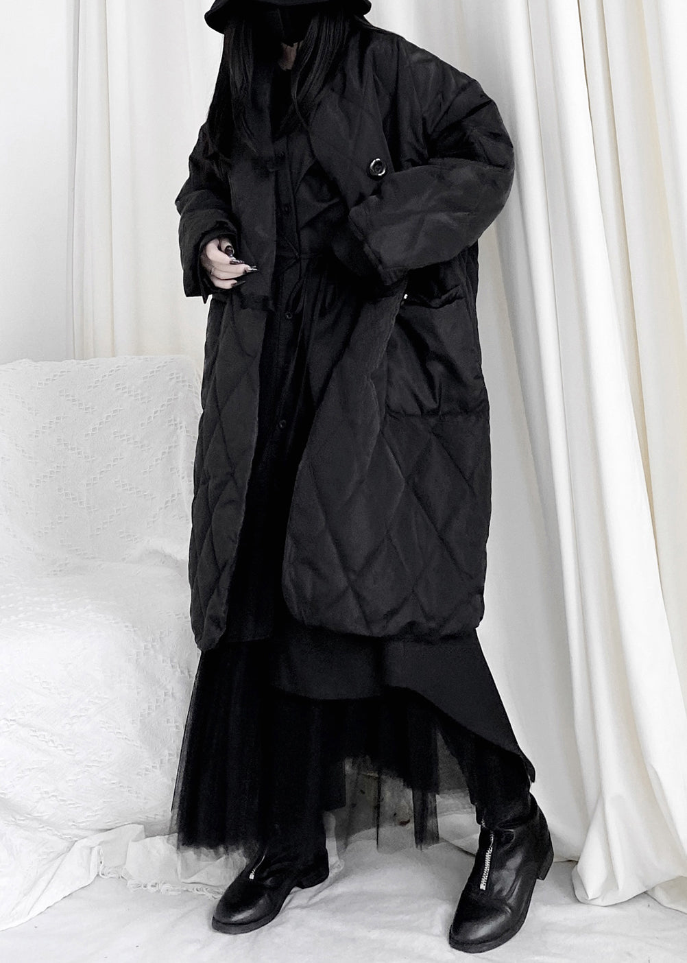 WW | Black Plaid Patchwork Pocket Long Down Jackets
