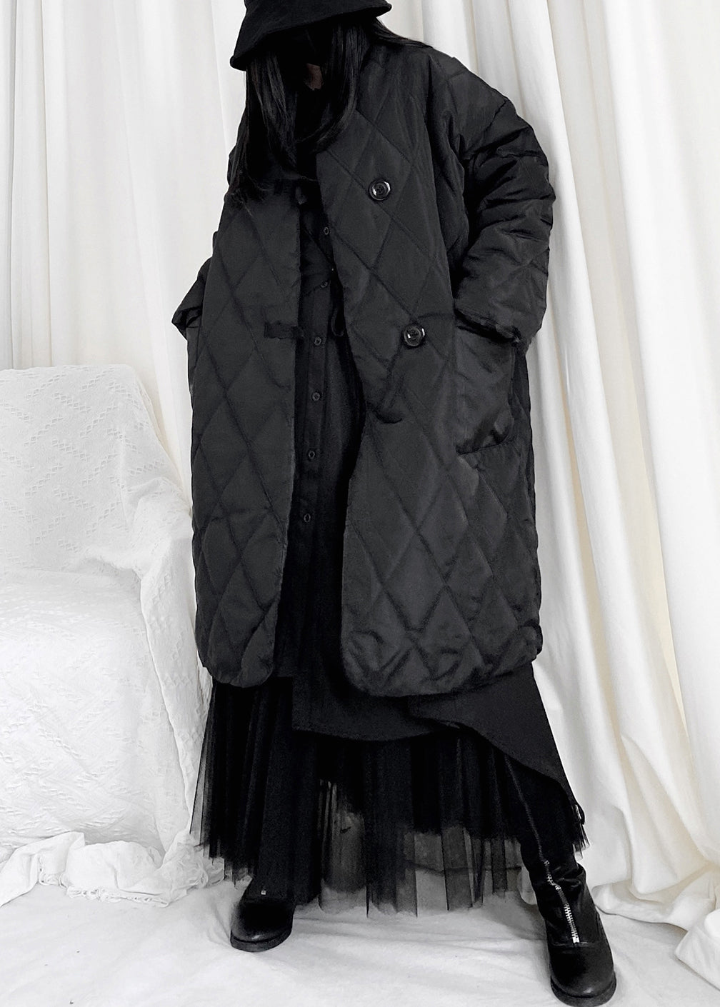 WW | Black Plaid Patchwork Pocket Long Down Jackets