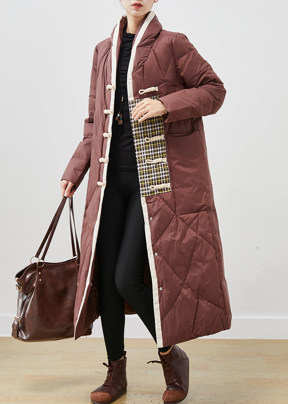 WW | Brown Stand-Up Collar Chinese Button Duck Feather Puffer Jackets Winter