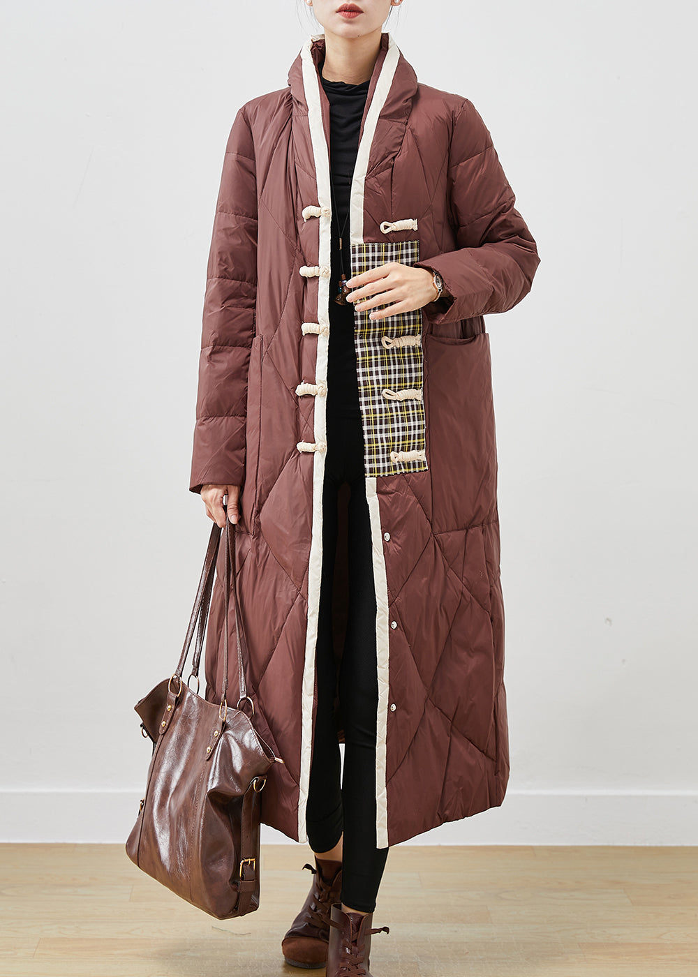 WW | Brown Stand-Up Collar Chinese Button Duck Feather Puffer Jackets Winter