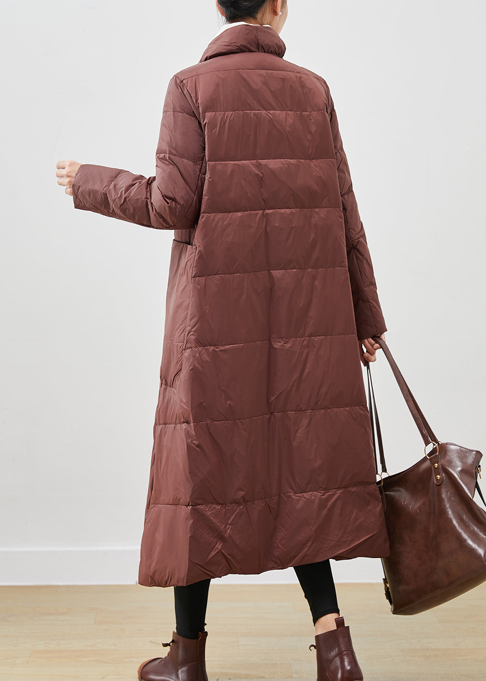 WW | Brown Stand-Up Collar Chinese Button Duck Feather Puffer Jackets Winter