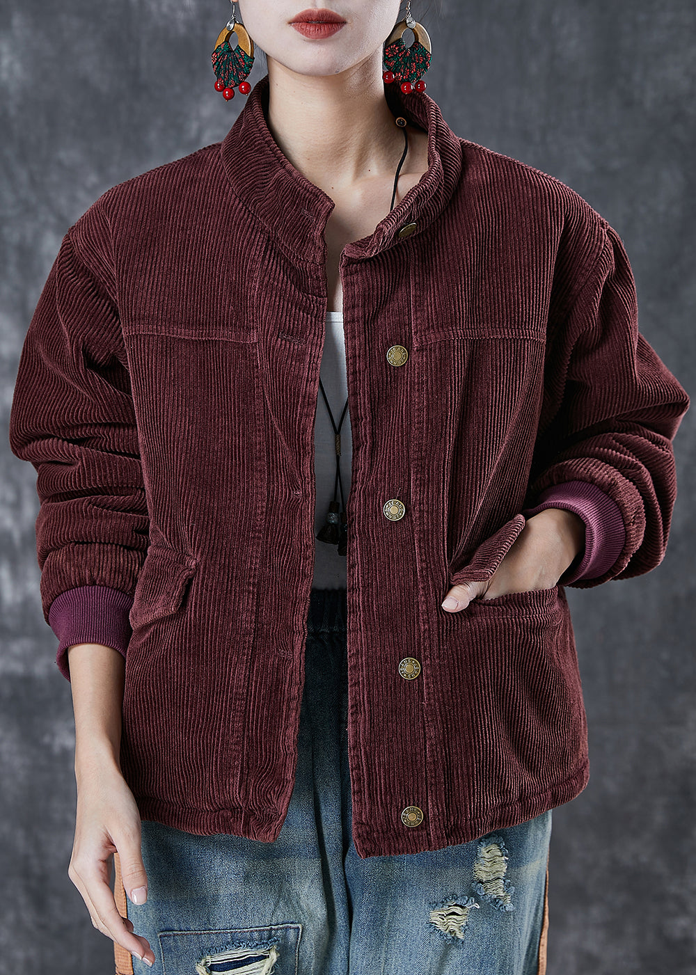 WW | Matte Red Thick Fine Cotton-Filled Corduroy Jacket Winter