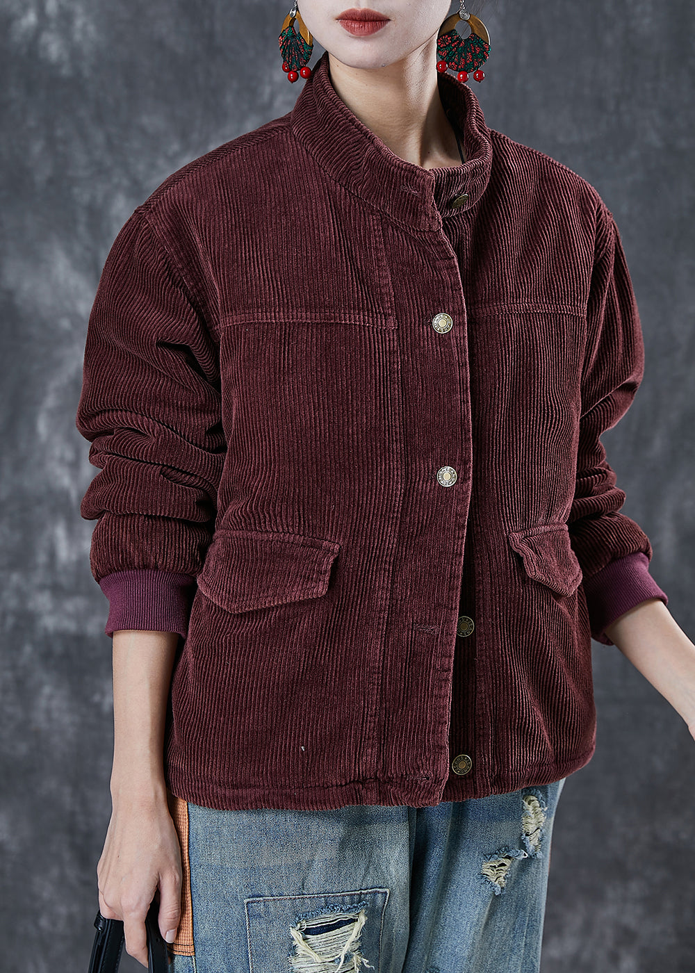 WW | Mattes Rotes Dickes Feines Baumwollgefülltes Cordjacken Winter