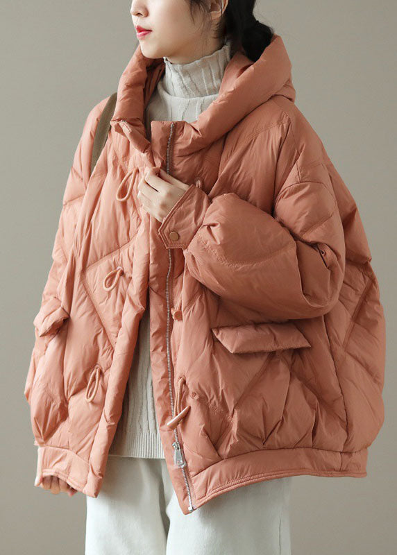 WW | Orange Kapuzenjacke mit Reißverschluss Taschen Winter Daunenmäntel Lange Ärmel